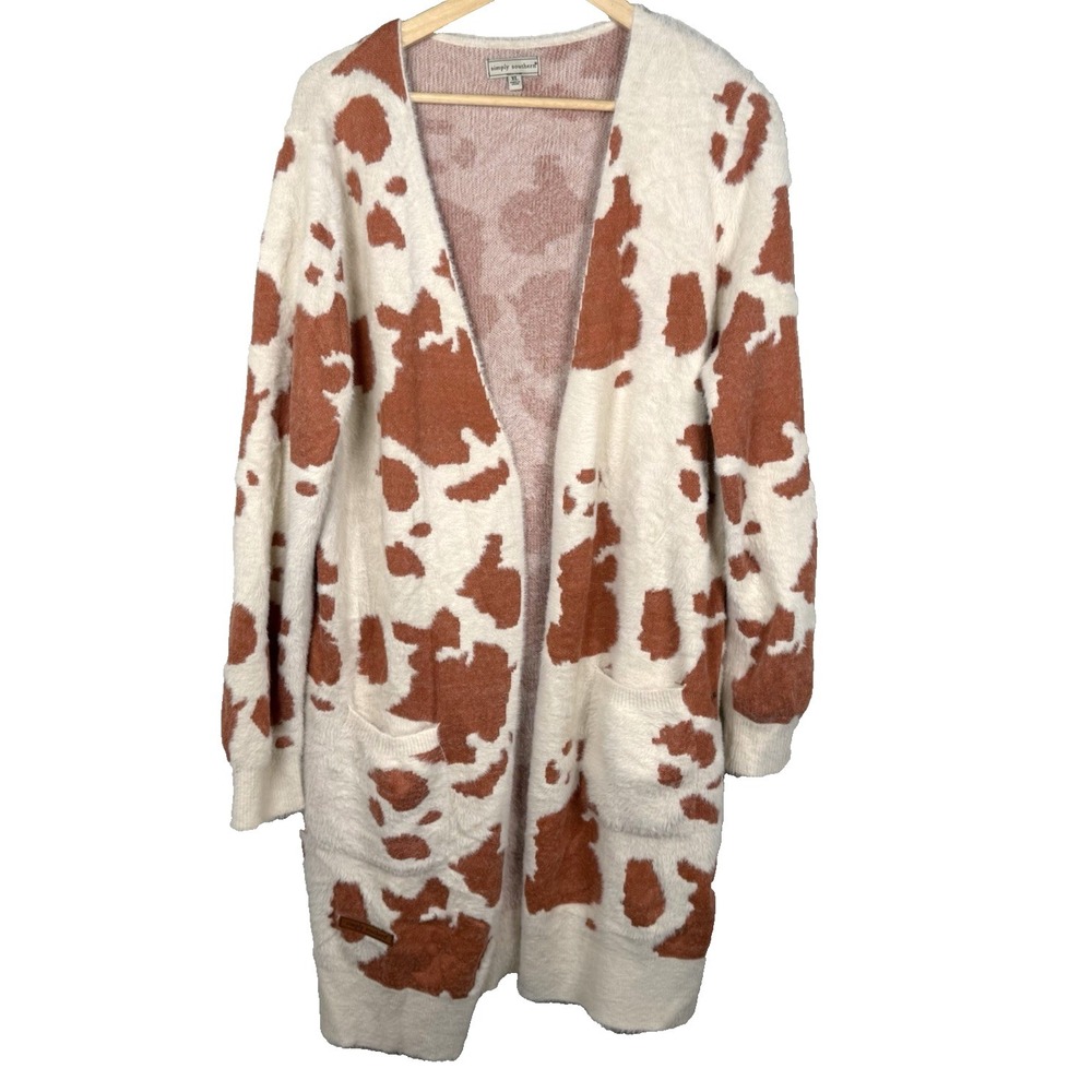 Simply Southern Fuzzy Cow Print Cardigan Sweater Oversized Western Duster XL‎